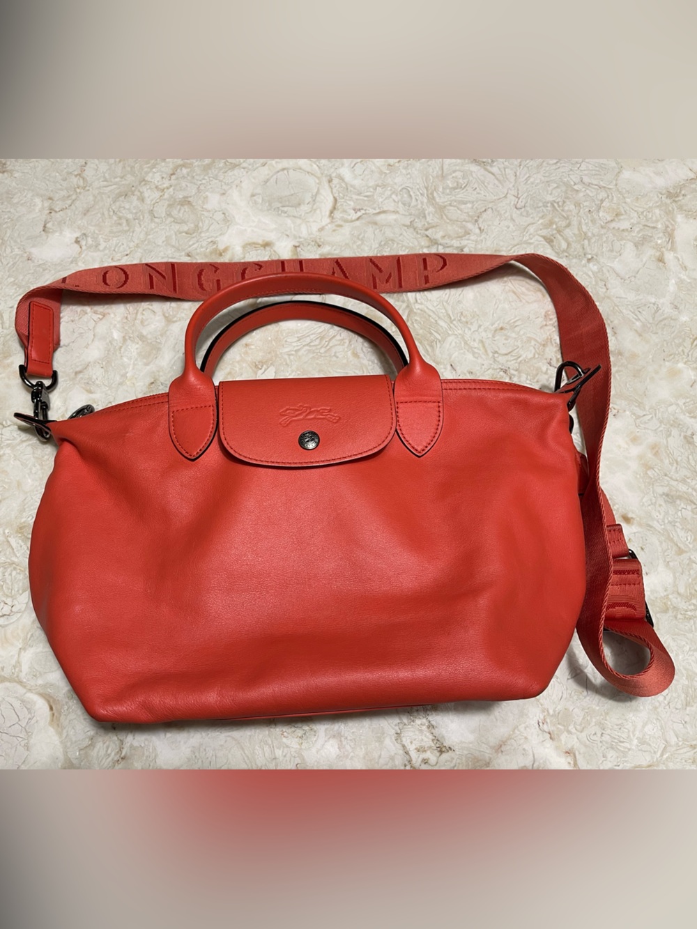 LONGCHAMP Le Pliage Cuir satchel genuine leather in coral red logo strap